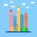 Modern city view with skyscrapers. Urban landscape in flat style. Buildings set. Vector illustration. Royalty Free Stock Photo